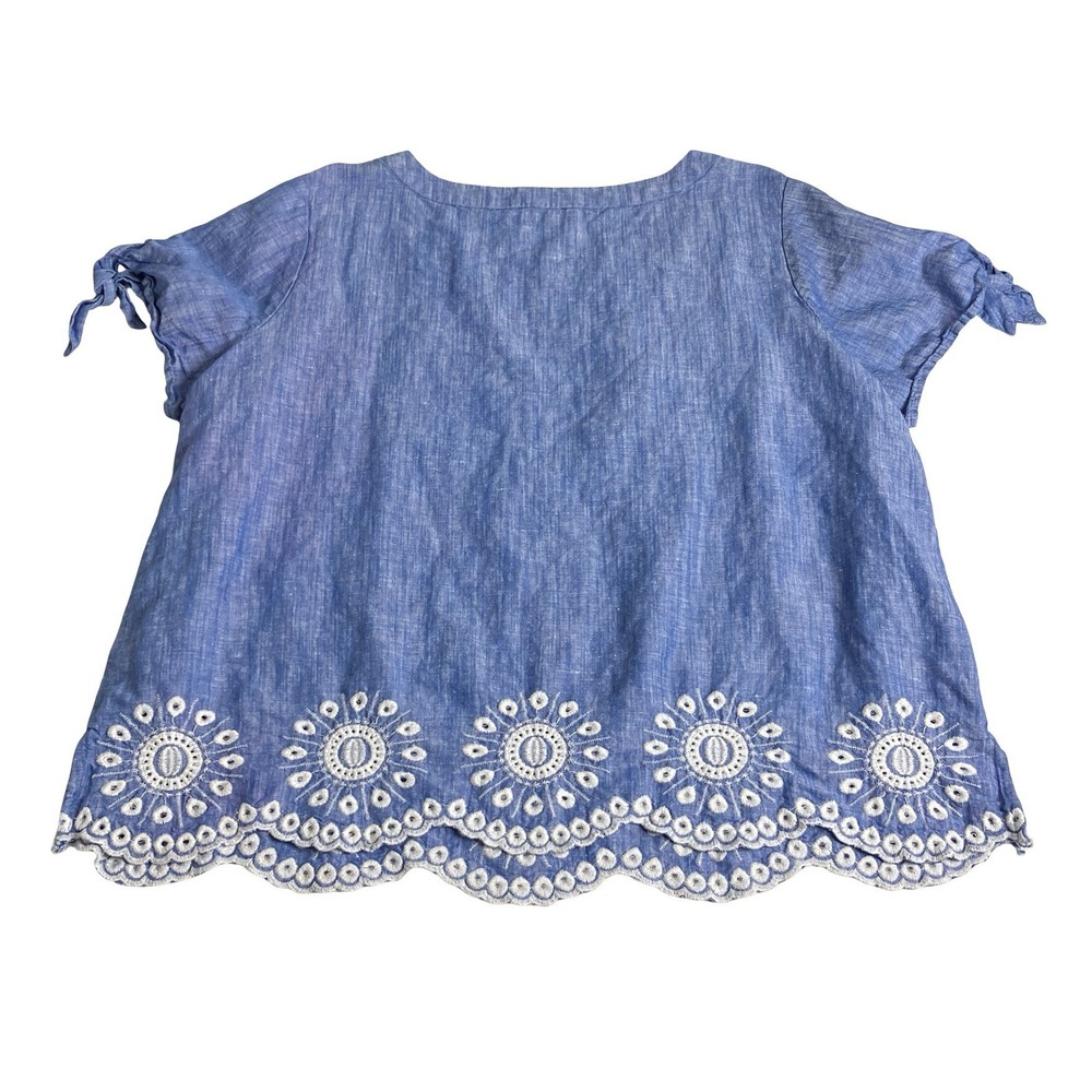 Talbots Blouse Womens 2X Blue Linen Cotton Eyelet Scallop Hem Tie Sleeve Coastal - Picture 2 of 12
